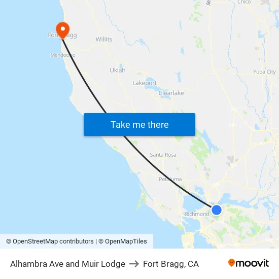 Alhambra Ave and Muir Lodge to Fort Bragg, CA map