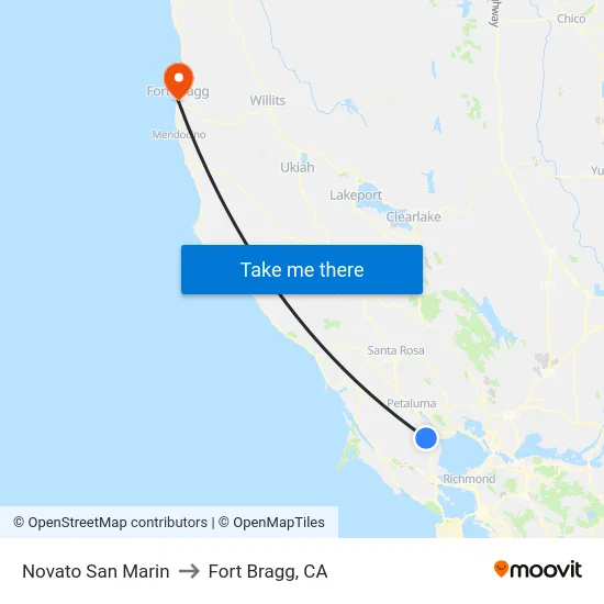 Novato San Marin to Fort Bragg, CA map