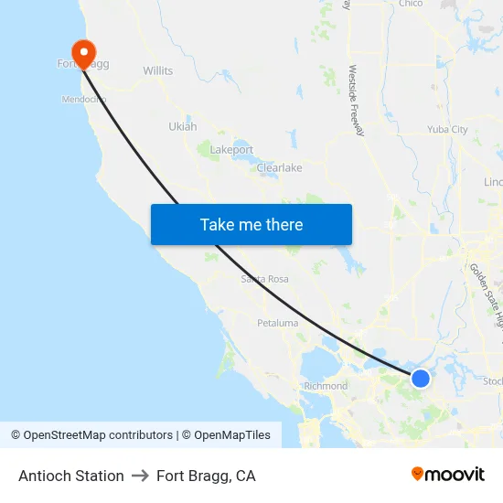 Antioch Station to Fort Bragg, CA map