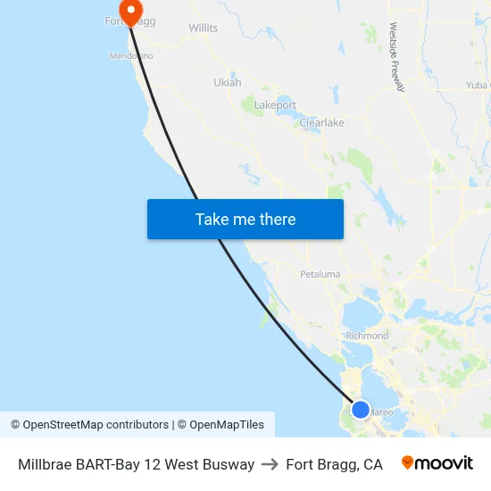 Millbrae BART-Bay 12 West Busway to Fort Bragg, CA map
