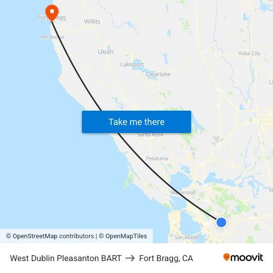 West Dublin/Pleasanton BART to Fort Bragg, CA map