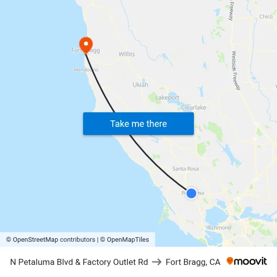 N Petaluma Blvd & Factory Outlet Rd to Fort Bragg, CA map