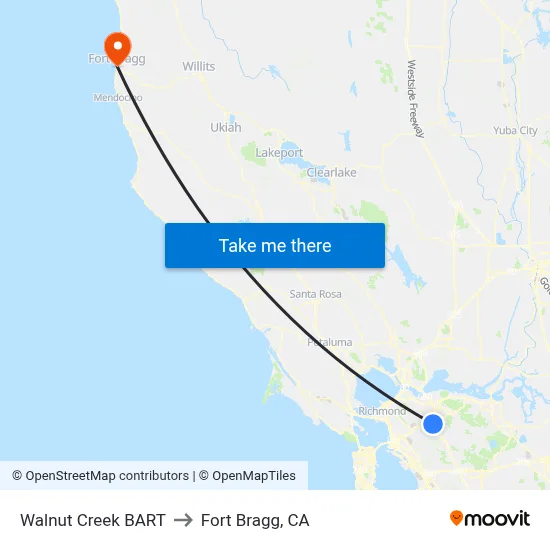 Walnut Creek BART to Fort Bragg, CA map