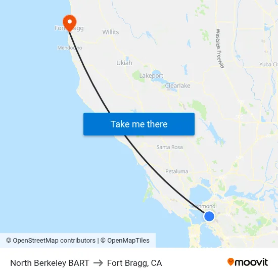 North Berkeley BART to Fort Bragg, CA map