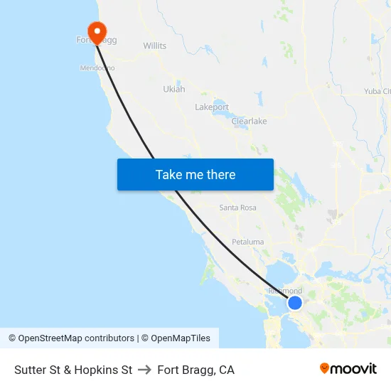 Sutter St & Hopkins St to Fort Bragg, CA map