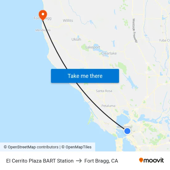 El Cerrito Plaza BART Station to Fort Bragg, CA map