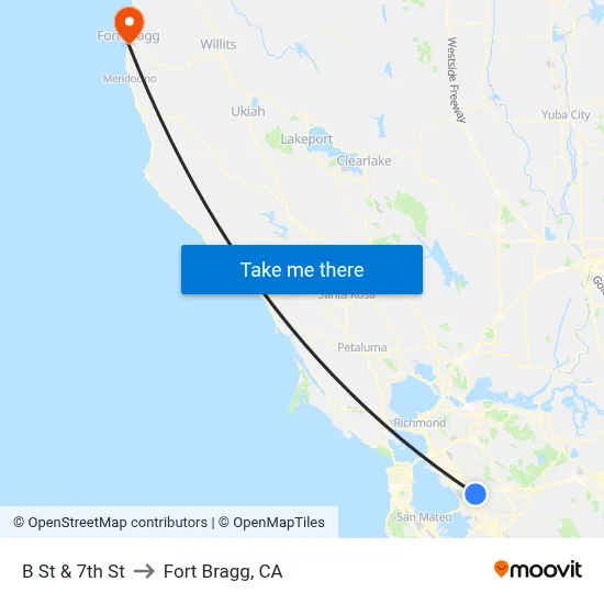 B St & 7th St to Fort Bragg, CA map