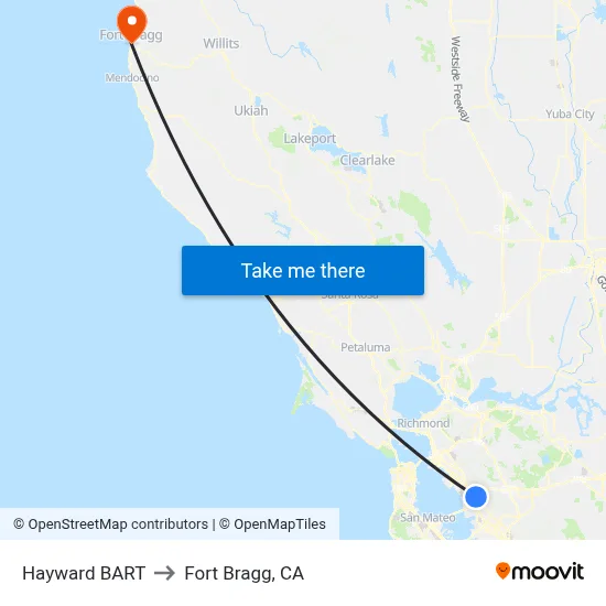 Hayward BART to Fort Bragg, CA map