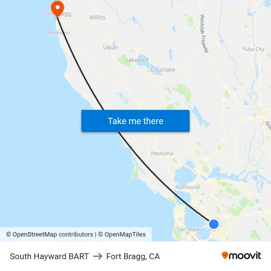 South Hayward BART to Fort Bragg, CA map