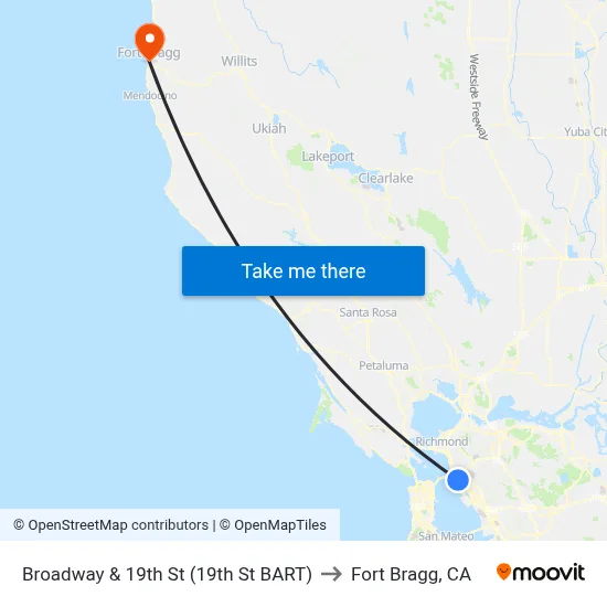 Broadway & 19th St (19th St BART) to Fort Bragg, CA map