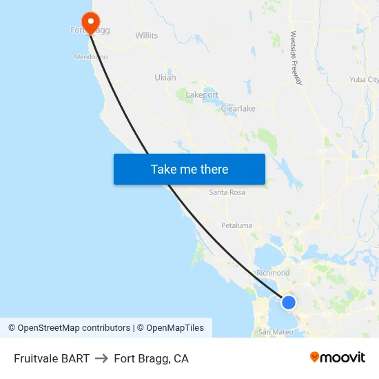 Fruitvale BART to Fort Bragg, CA map