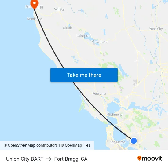 Union City BART to Fort Bragg, CA map