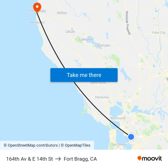 164th Av & E 14th St to Fort Bragg, CA map