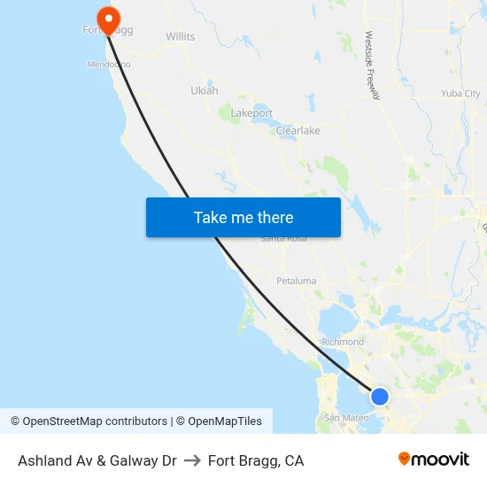 Ashland Av & Galway Dr to Fort Bragg, CA map