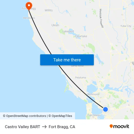 Castro Valley BART to Fort Bragg, CA map