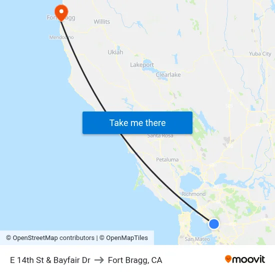 E 14th St & Bayfair Dr to Fort Bragg, CA map