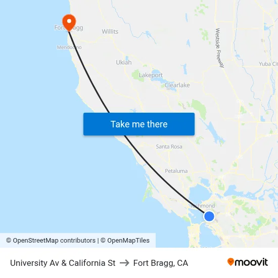 University Av & California St to Fort Bragg, CA map