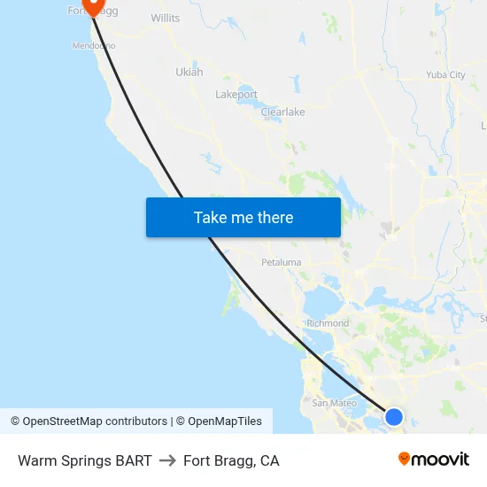 Warm Springs BART to Fort Bragg, CA map