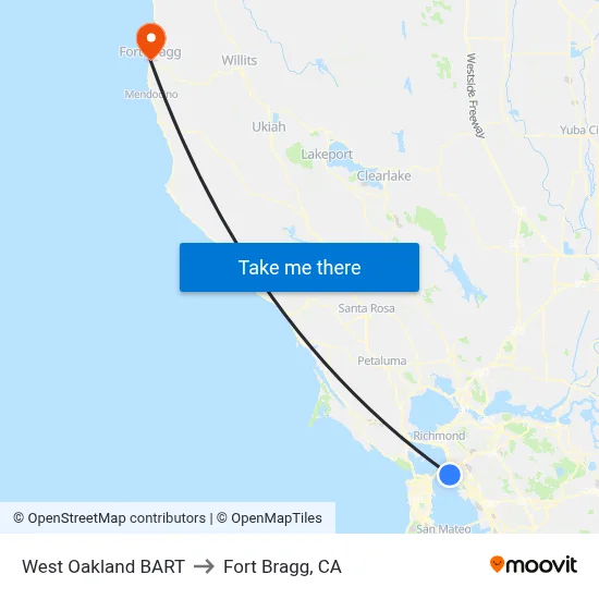 West Oakland BART to Fort Bragg, CA map