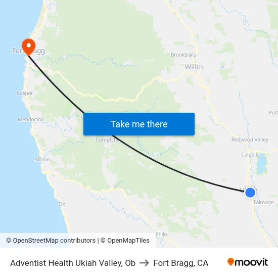 Adventist Health Ukiah Valley, Ob to Fort Bragg, CA map