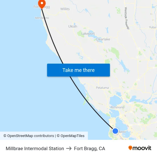 Millbrae Intermodal Station to Fort Bragg, CA map