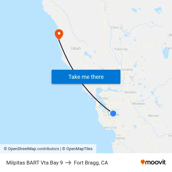 Milpitas BART Vta Bay 9 to Fort Bragg, CA map