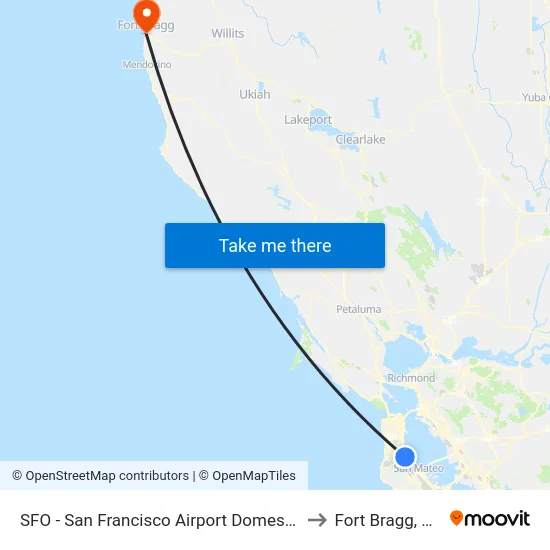 SFO - San Francisco Airport Domestic to Fort Bragg, CA map