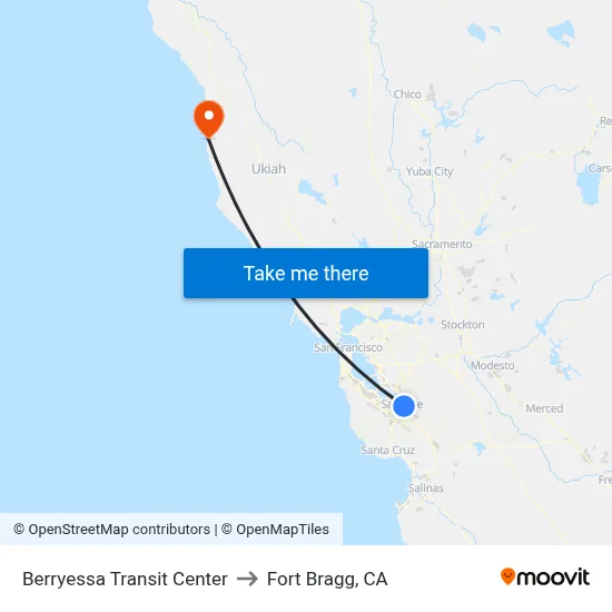 Berryessa Transit Center to Fort Bragg, CA map