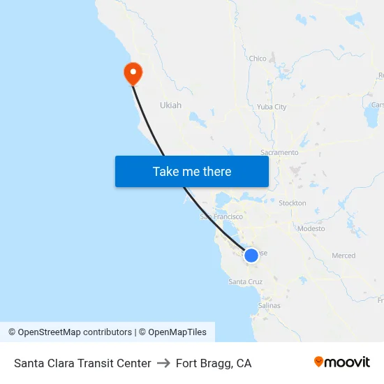 Santa Clara Transit Center to Fort Bragg, CA map