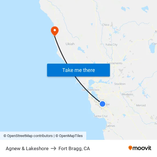 Agnew & Lakeshore (E) to Fort Bragg, CA map