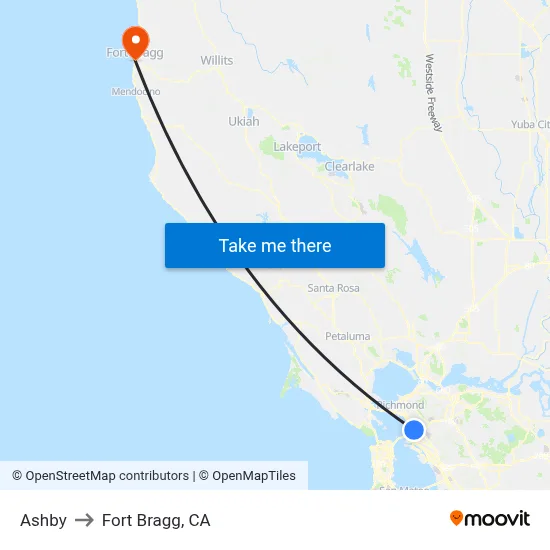 Ashby to Fort Bragg, CA map
