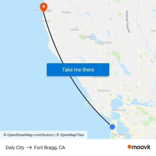 Daly City to Fort Bragg, CA map