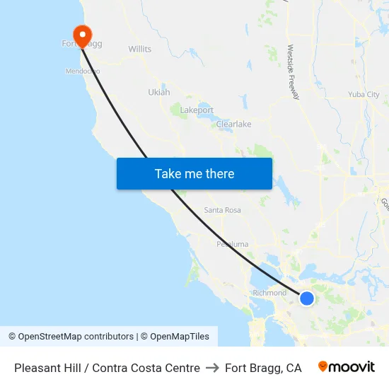 Pleasant Hill / Contra Costa Centre to Fort Bragg, CA map