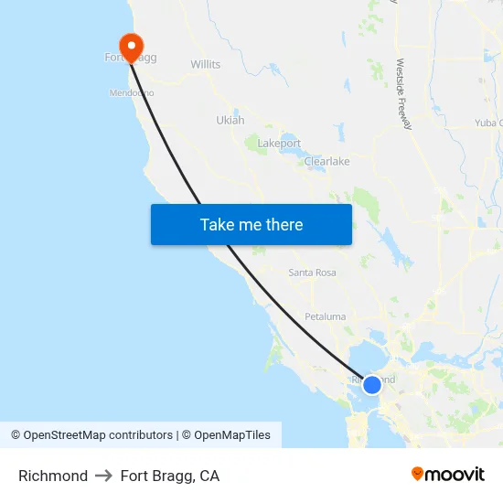 Richmond to Fort Bragg, CA map