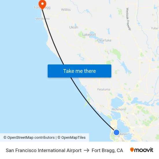 San Francisco International Airport to Fort Bragg, CA map