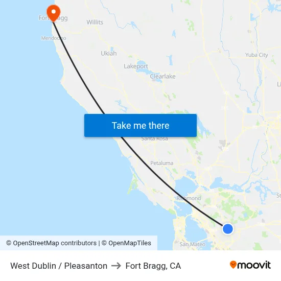 West Dublin / Pleasanton to Fort Bragg, CA map