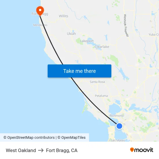West Oakland to Fort Bragg, CA map