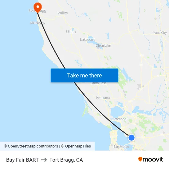 Bay Fair BART to Fort Bragg, CA map