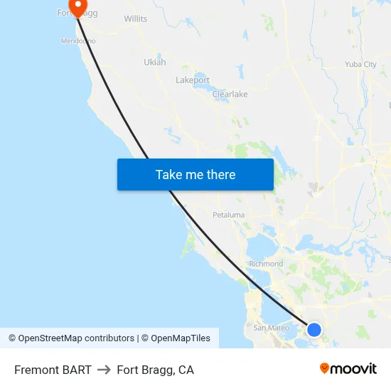 Fremont BART to Fort Bragg, CA map