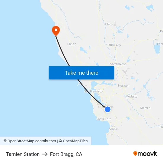 Tamien Station to Fort Bragg, CA map