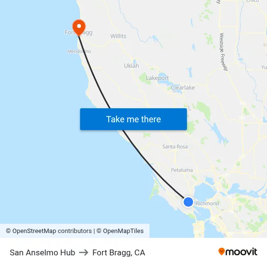San Anselmo Hub to Fort Bragg, CA map