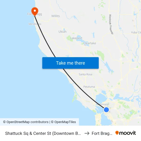 Shattuck Sq & Center St (Downtown Berkeley BART) to Fort Bragg, CA map