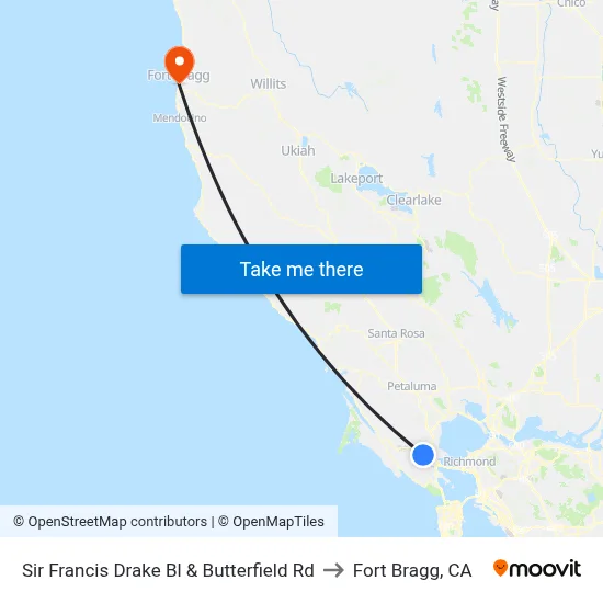 Sir Francis Drake Bl & Butterfield Rd to Fort Bragg, CA map