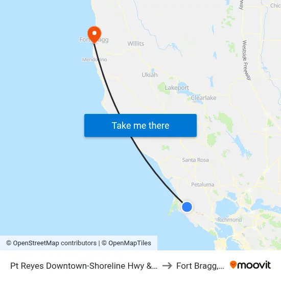 Pt Reyes Downtown-Shoreline Hwy & 3rd St to Fort Bragg, CA map