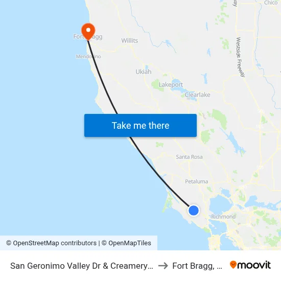 San Geronimo Valley Dr & Creamery Rd to Fort Bragg, CA map