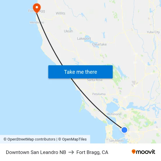Downtown San Leandro NB to Fort Bragg, CA map