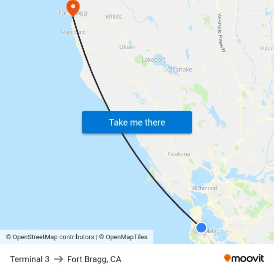 Terminal 3 to Fort Bragg, CA map