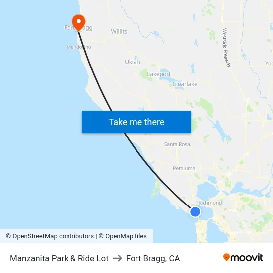 Manzanita Park & Ride Lot to Fort Bragg, CA map