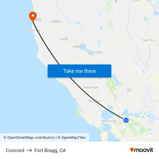 Concord to Fort Bragg, CA map