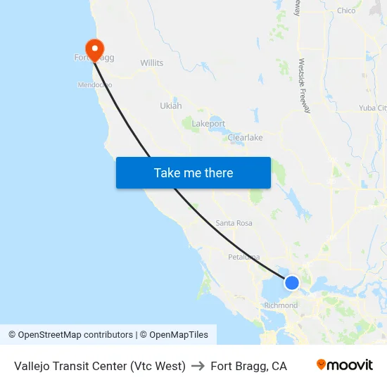 Vallejo Transit Center (Vtc West) to Fort Bragg, CA map